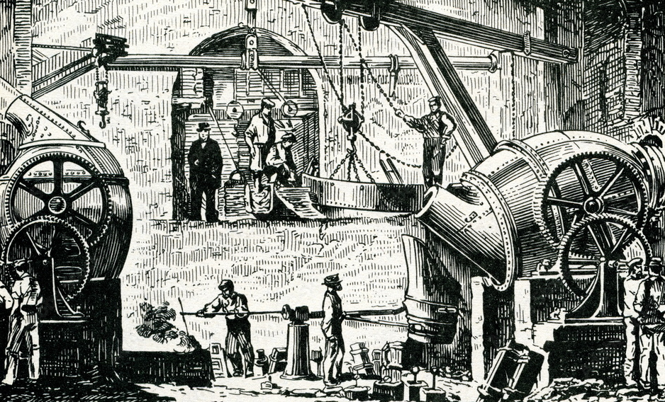 A drawing of two Bessemer Convertors in action